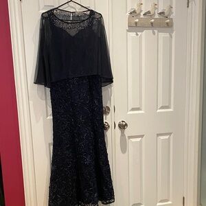 Chic Navy Blue Maxi Dress with Cape Overlay